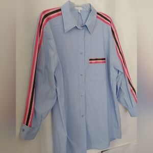 Escada Sport Blue Shirt with Pink and Brown Stripe Detail